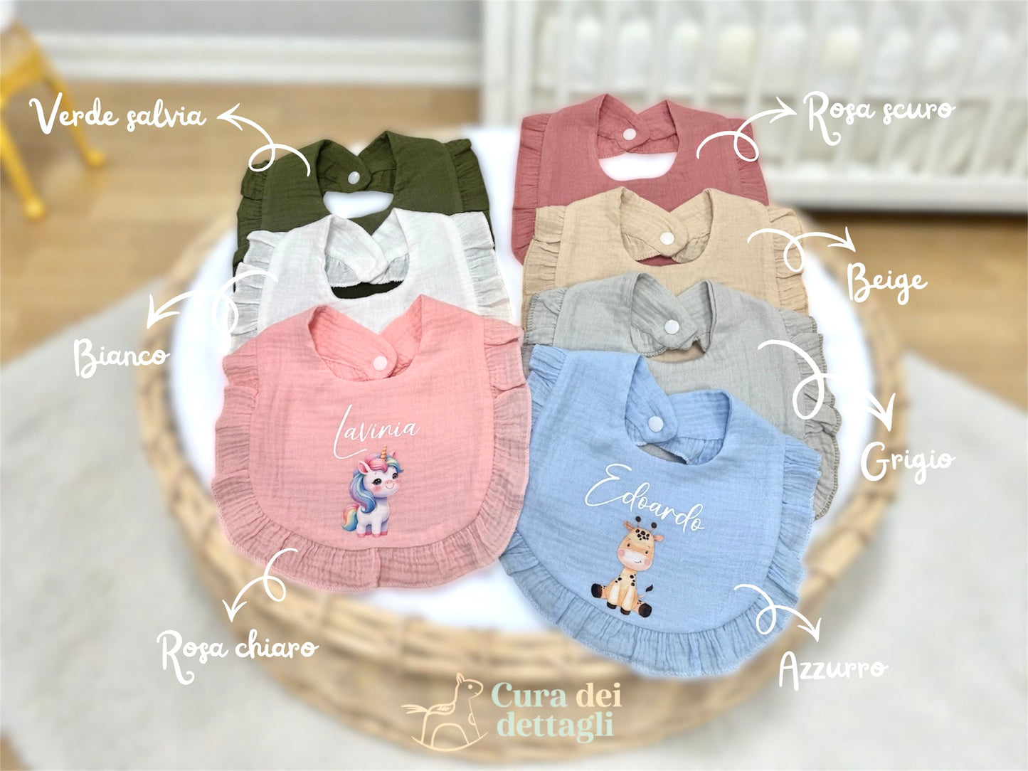 Bavaglino con Volant Personalizzato con Nome - Tema animaletti