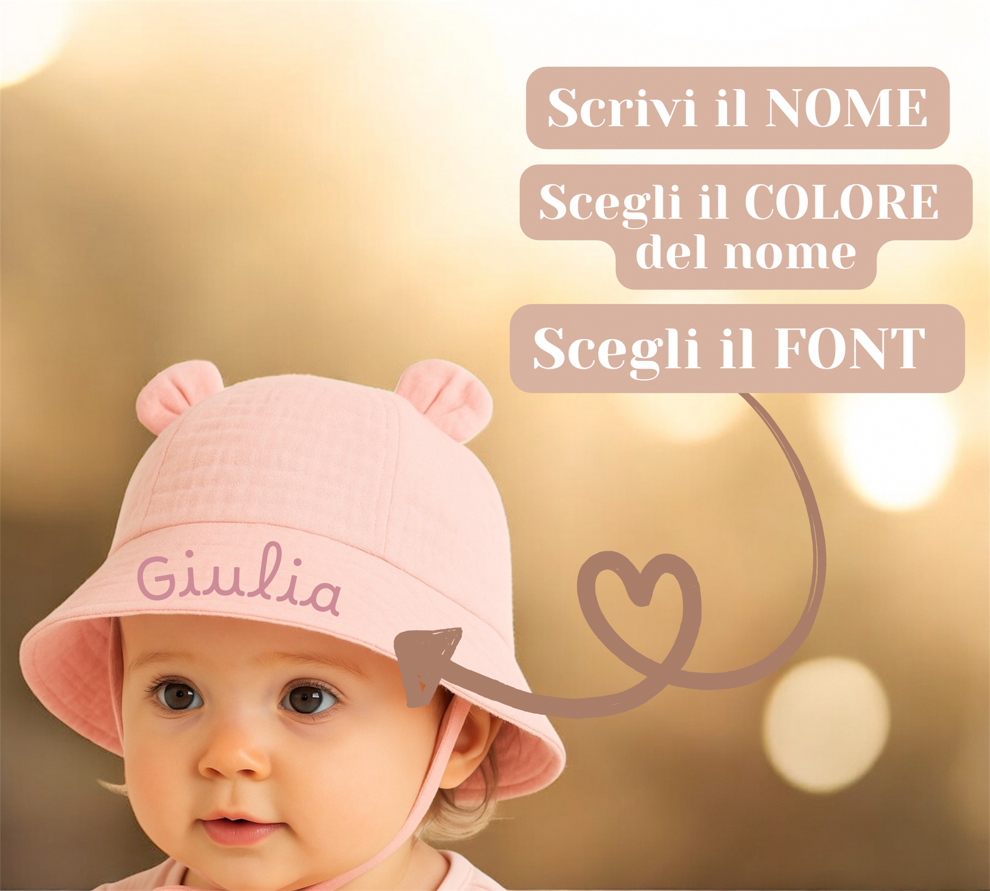 Cappellino Baby Parasole Personalizzato con Orecchie – Protezione UV 0-2 anni