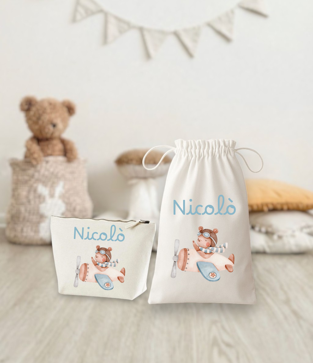 Set Cambio - Sacca e Pochette in Cotone - Personalizzati con Nome e Grafica