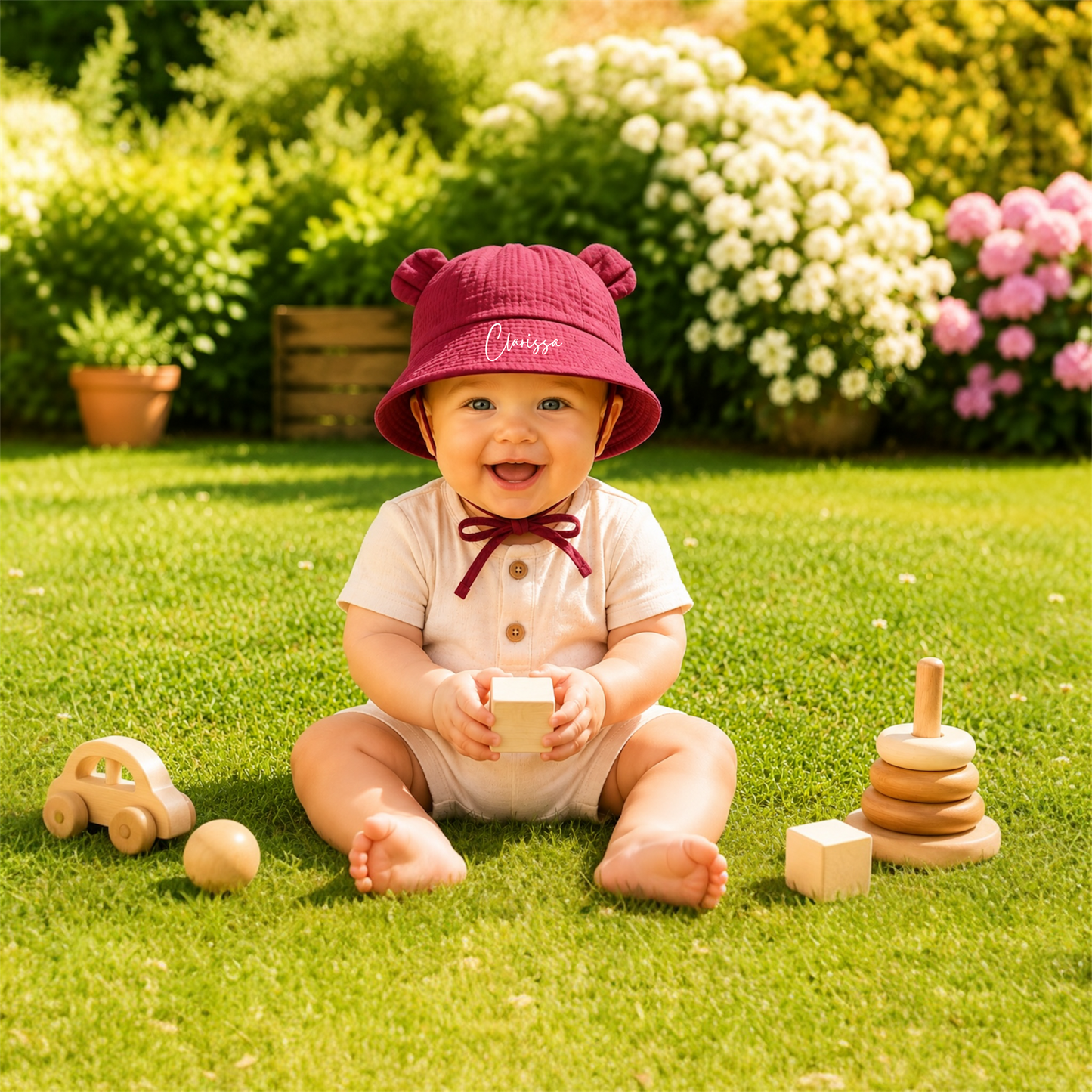 Cappellino Baby Parasole Personalizzato con Orecchie – Protezione UV 0-2 anni