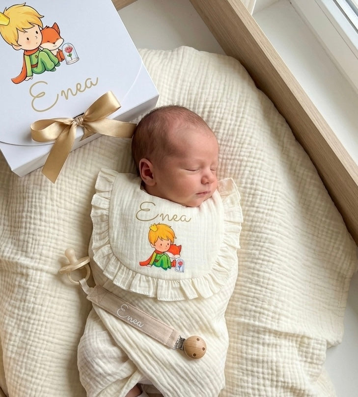 Set Nascita Personalizzato Piccolo Principe🌙👑– Scarpine, Bavaglino e Clip Porta Ciuccio