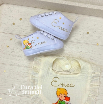 Set Nascita Personalizzato Piccolo Principe🌙👑– Scarpine, Bavaglino e Clip Porta Ciuccio