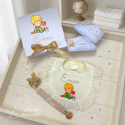 Set Nascita Personalizzato Piccolo Principe🌙👑– Scarpine, Bavaglino e Clip Porta Ciuccio