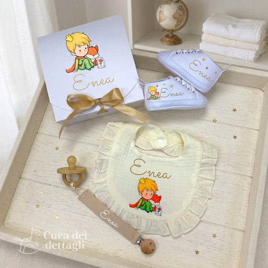 Set Nascita Personalizzato Piccolo Principe🌙👑– Scarpine, Bavaglino e Clip Porta Ciuccio