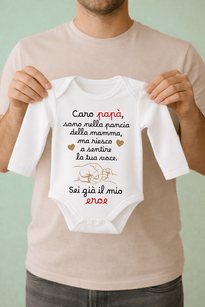 Body Neonato “Caro Papà, sei già il mio eroe” – Messaggio dal Pancione