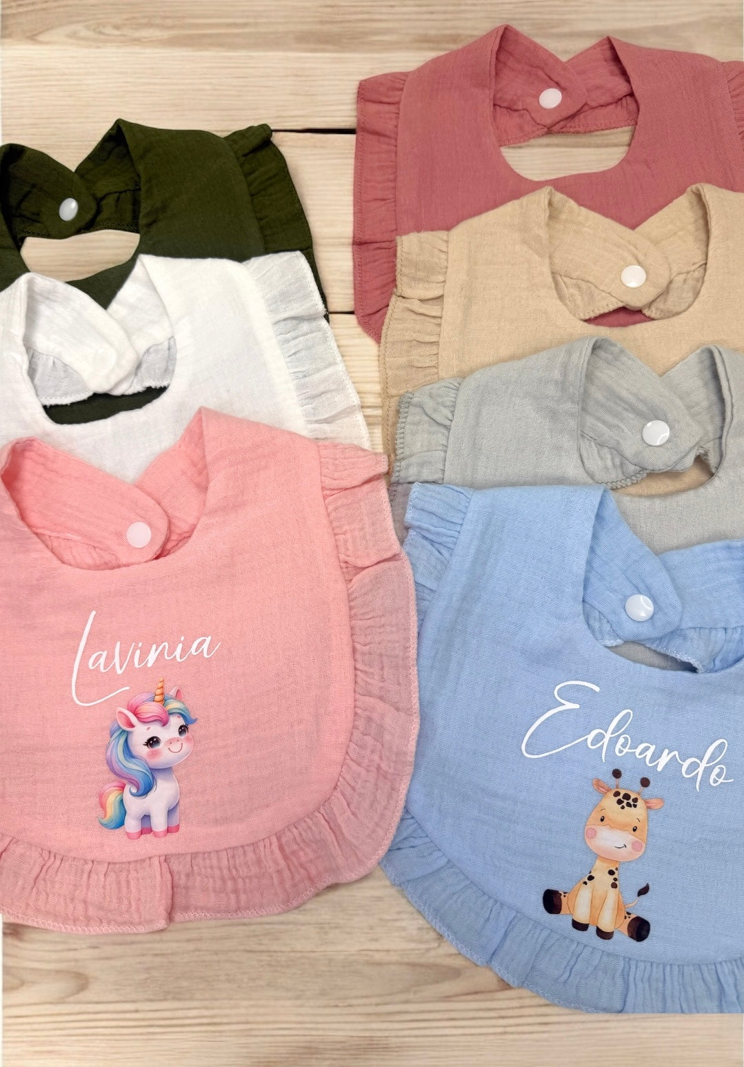 Bavaglino con Volant Personalizzato con Nome - Tema animaletti