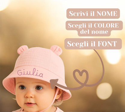 Cappellino Baby Parasole Personalizzato con Orecchie – Protezione UV 0-2 anni